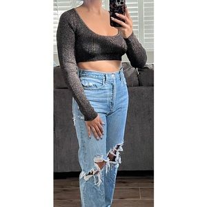 LONG SLEEVE GLITTER CROP TOP IN GOLD/BLACK LUREX SIZE SMALL